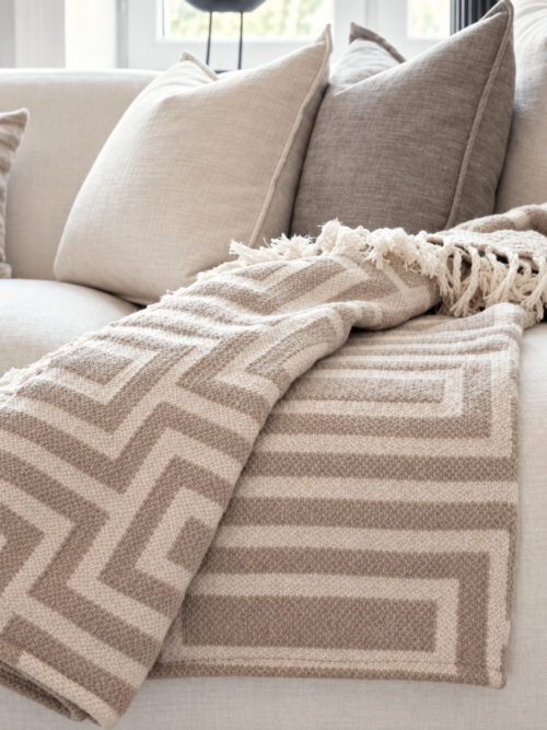 Beige pläd med geometriskt mönster och fransar på ljus soffa